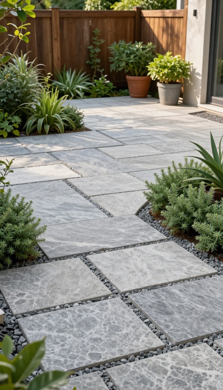 Stone patio with permeable base and gravel joints in a sunny backyard