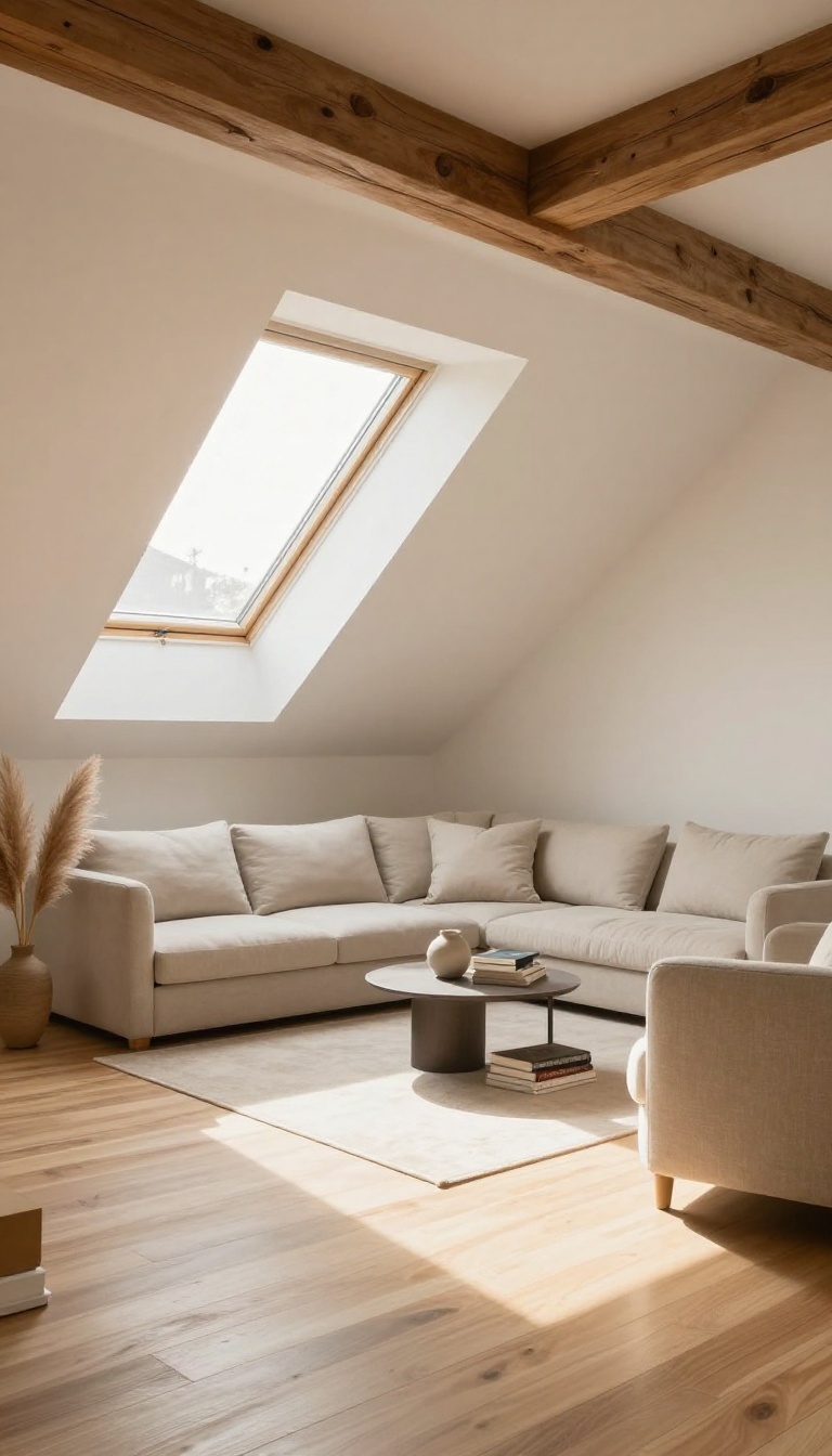 Bright attic living room with sloped ceiling and low-profile sofa, armless chair, and modular seating arranged under the roofline