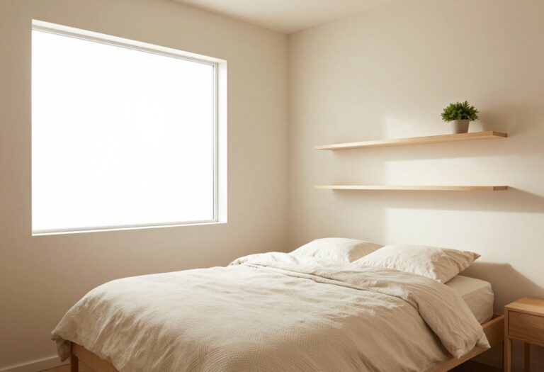 Cozy small bedroom with floating shelves, warm lighting, and a large mirror
