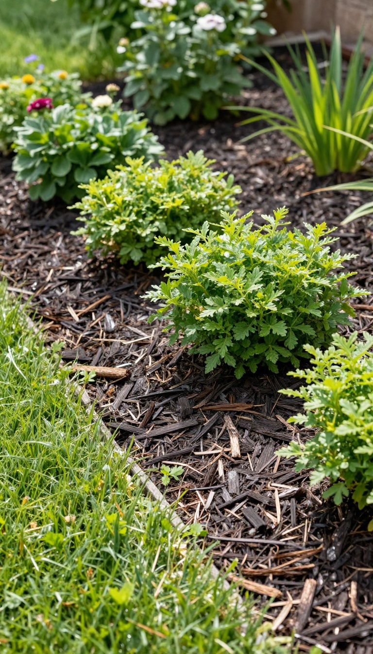 Fresh dark mulch spread around green shrubs and flowers in a sunny backyard garden bed with a clean lawn edge