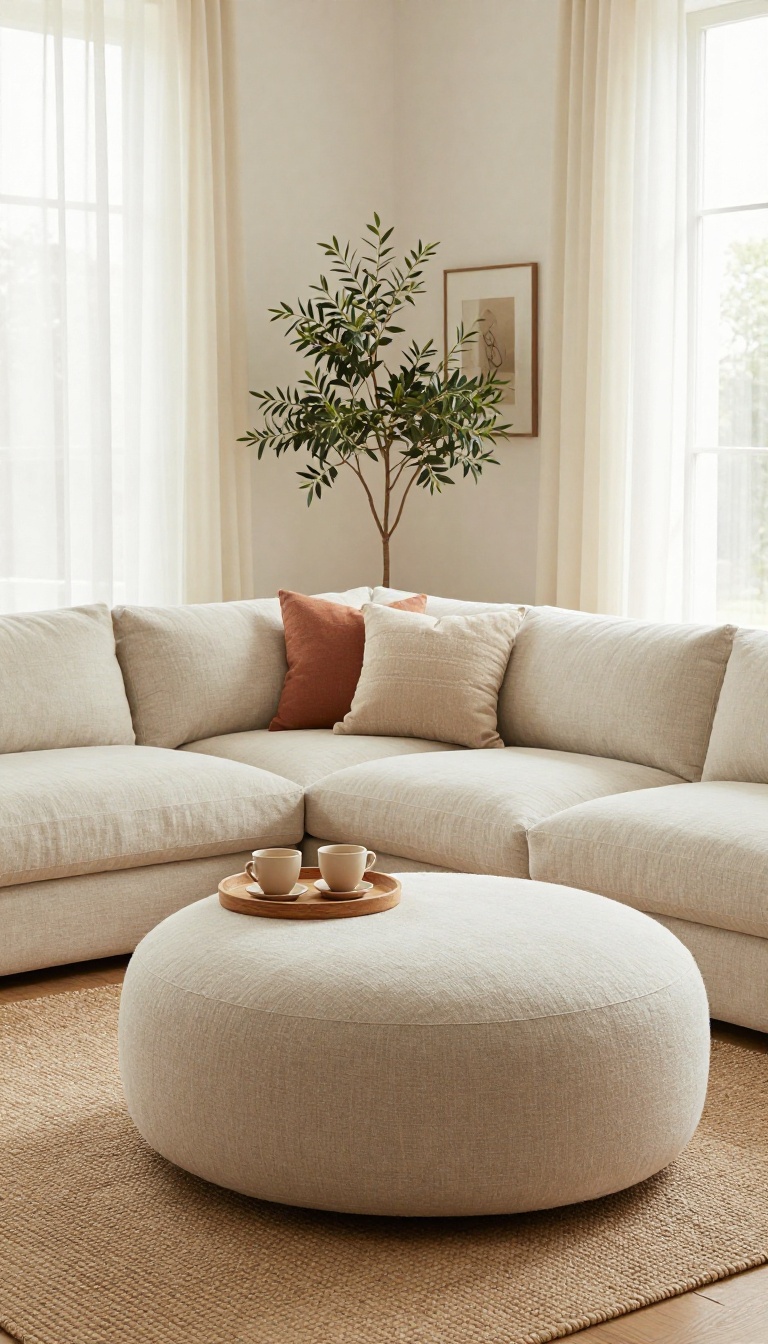 Bright living room with a neutral sofa and three round ottomans arranged in a loose arc for flexible modular seating