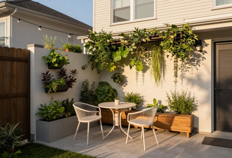 Small townhome backyard with a bistro set, vertical garden, and string lights at sunset.