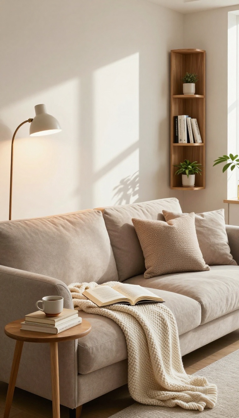 Cozy reading nook with taupe sofa, floor lamp, books, and throw blanket in a bright living room