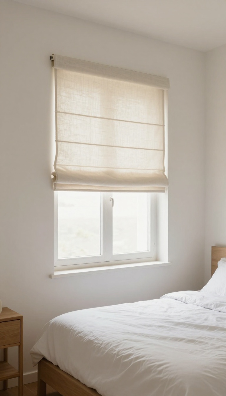 Small narrow bedroom with a flat Roman shade mounted inside the window frame, bed placed close to the window, and bright natural light filling the space