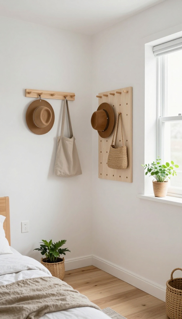 Narrow bedroom with tall slim open shelving and wall-mounted hooks keeping the floor clear