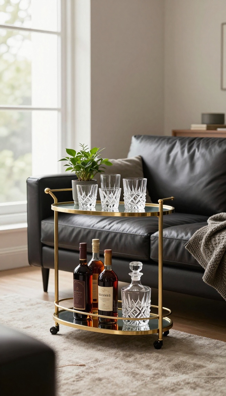 Slim brass and glass bar cart styled with bottles and glassware in a polished masculine living room corner