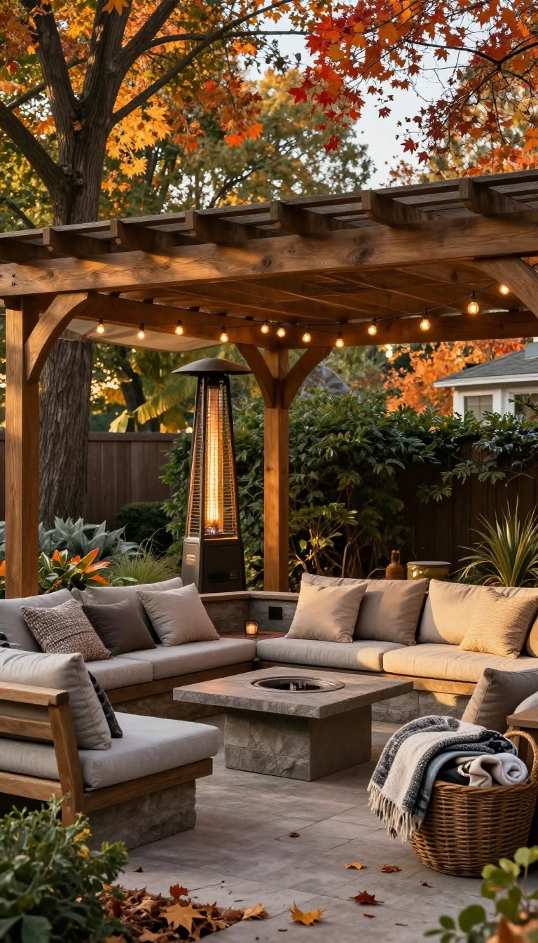 Cozy backyard pergola with fire table, blankets, and warm lighting set up for cool-weather outdoor gatherings