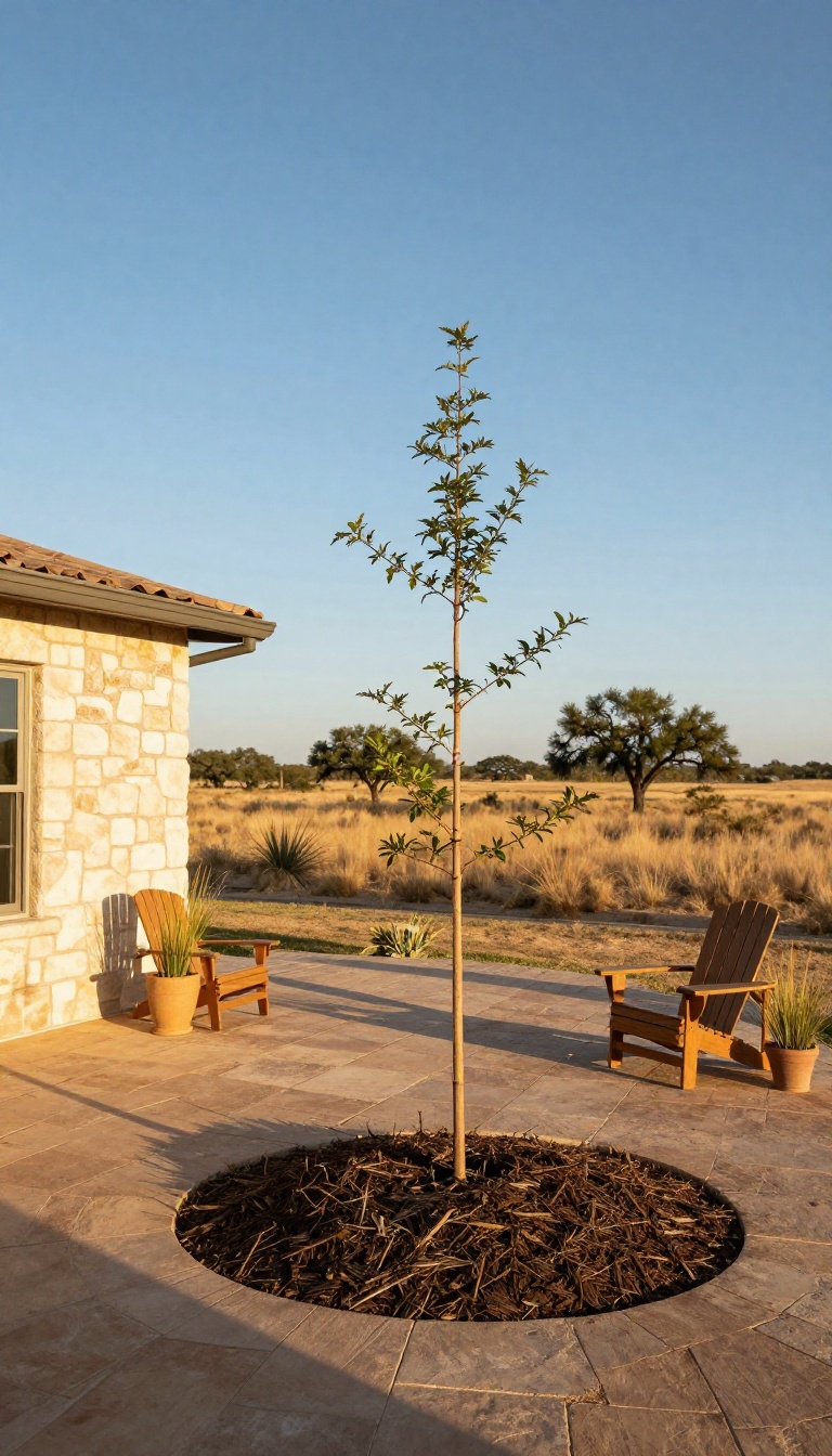 Young shade tree planted on the west side of a Texas home casting afternoon shade across a patio