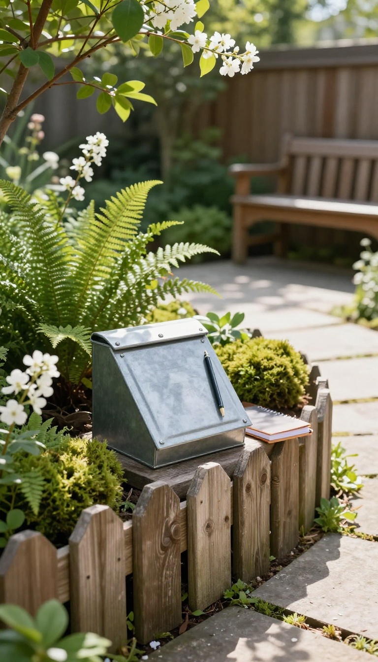 Weatherproof metal memory box mounted on a wooden fence post in a peaceful backyard memorial garden with flowers and a bench