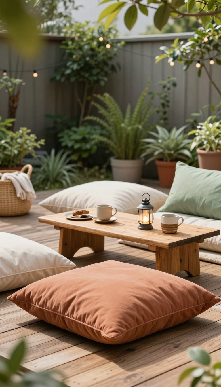 Bohemian small backyard deck with oversized floor cushions in terracotta and sage around a low wooden table with a lantern and mugs
