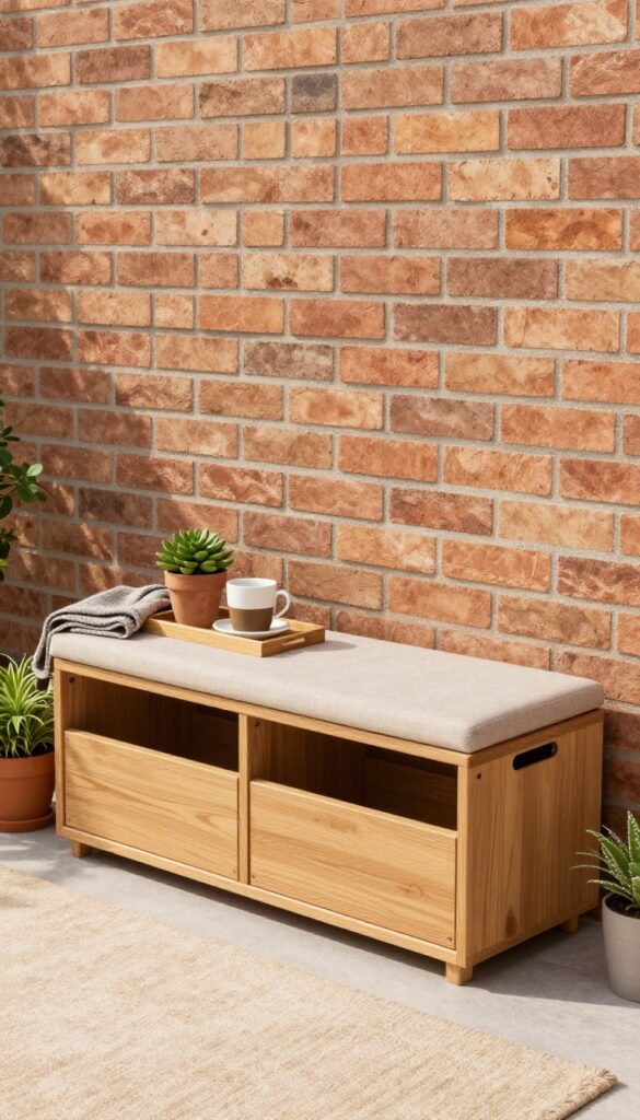 Small apartment patio with a multi-purpose storage bench styled with plants and a tray