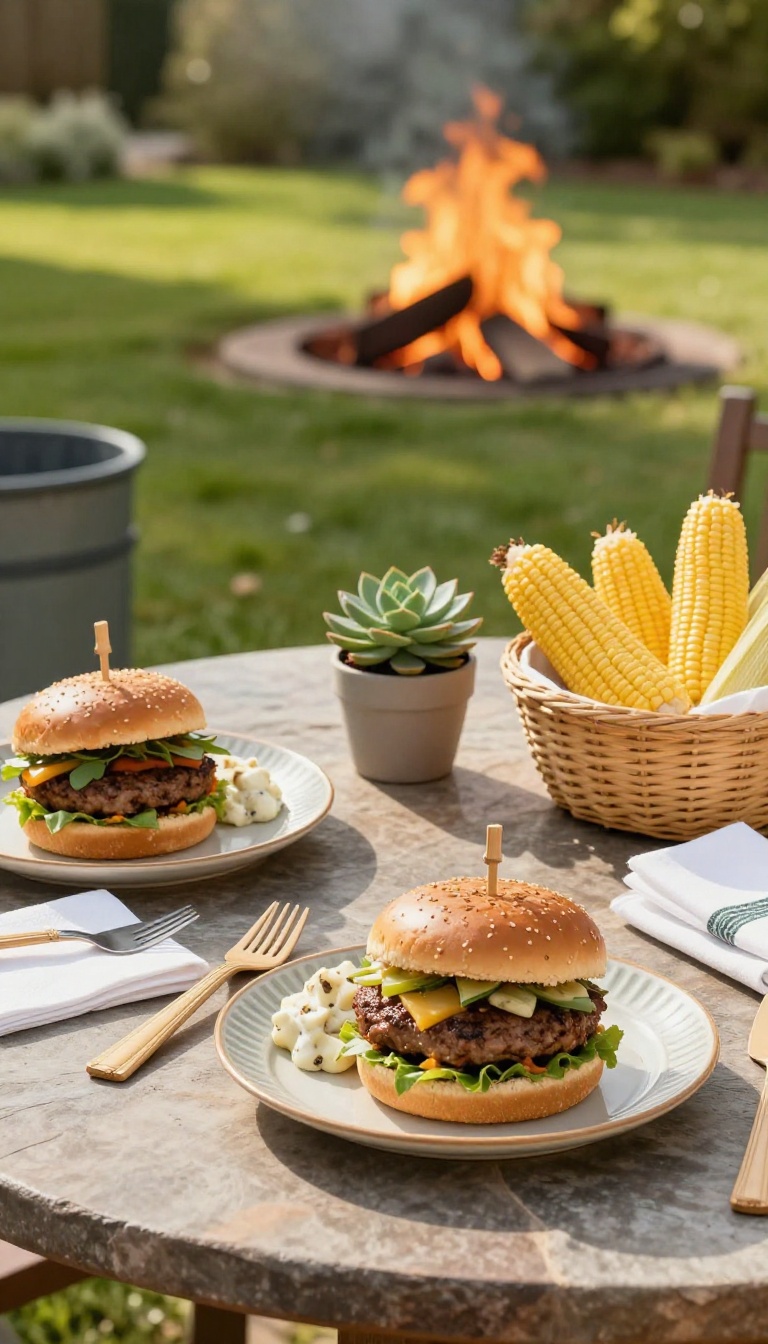 Backyard BBQ table set with sturdy compostable palm leaf plates, bamboo cutlery, and a nearby compost bin for easy cleanup