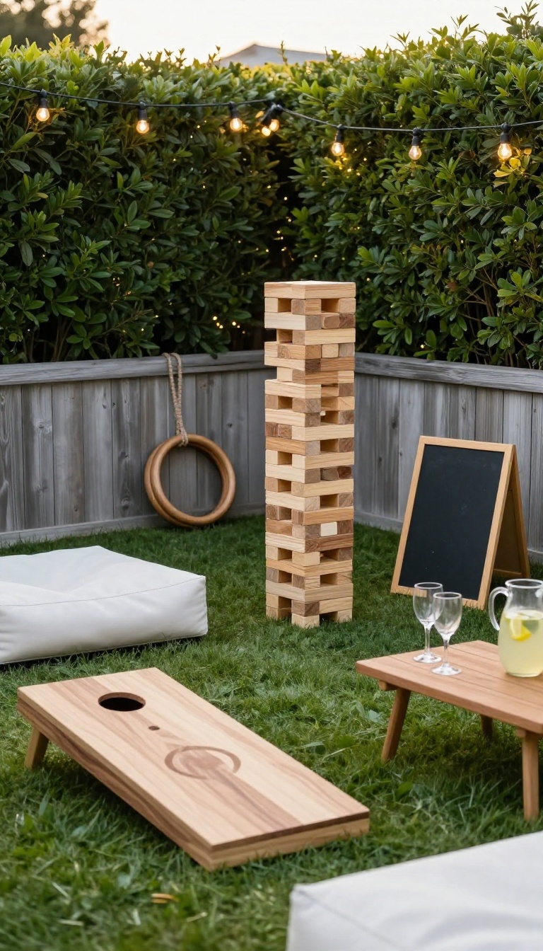 Wooden cornhole board and giant Jenga tower set up on green grass at an upscale adult backyard party with string lights and drinks nearby