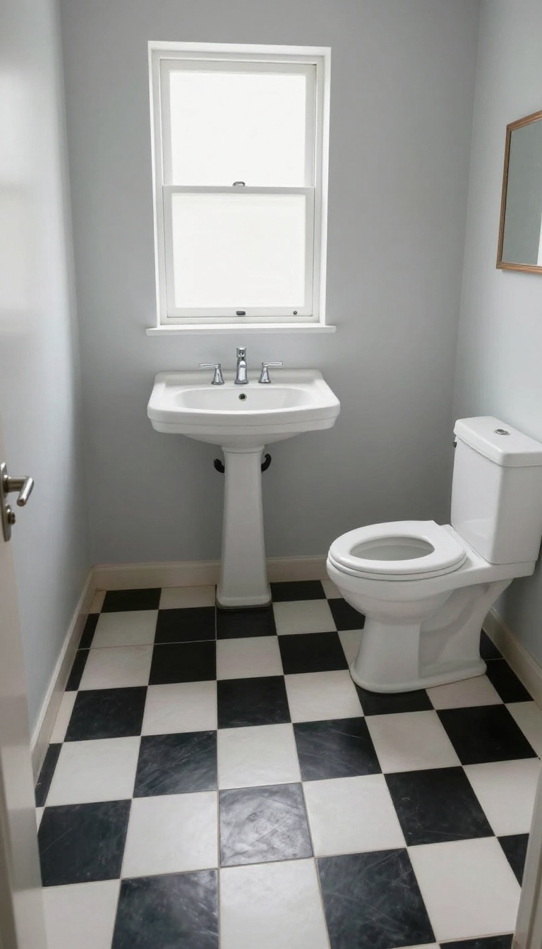 Small bathroom with black and white checkerboard floor tiles, white sink, and natural light.
