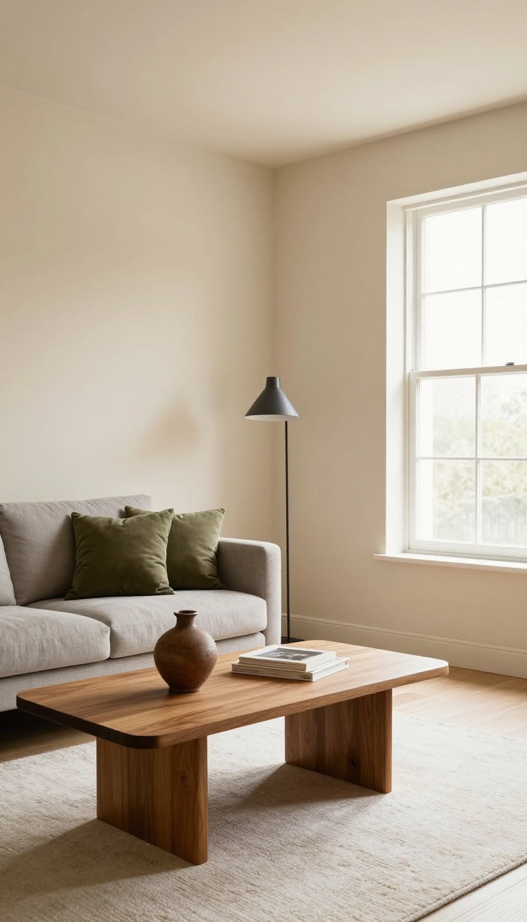 Bright living room with a cohesive neutral color palette, cream walls, gray sofa, olive accent pillows, and natural light