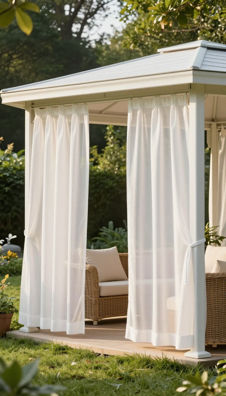 Backyard gazebo with weighted-hem outdoor curtains on a ceiling track, partially open for privacy and airflow