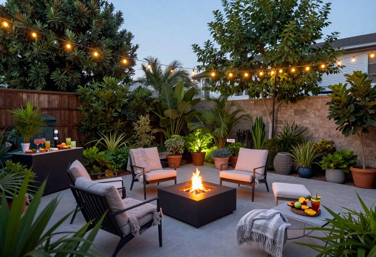 Stylish backyard party setup with string lights, cozy seating, and a cocktail station at dusk.