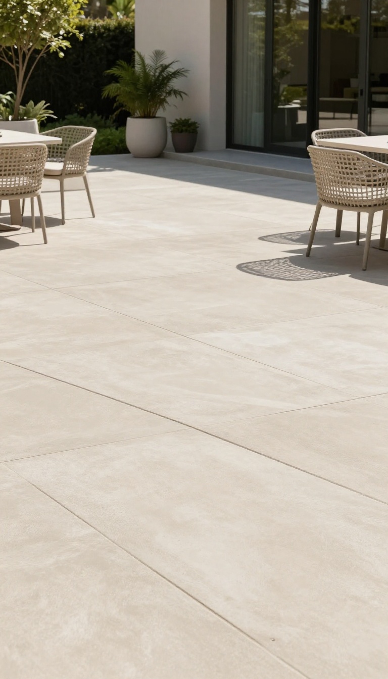 Large-format stamped concrete patio with minimalist aesthetic, featuring light beige slabs, modern furniture, and potted plants in bright natural light.