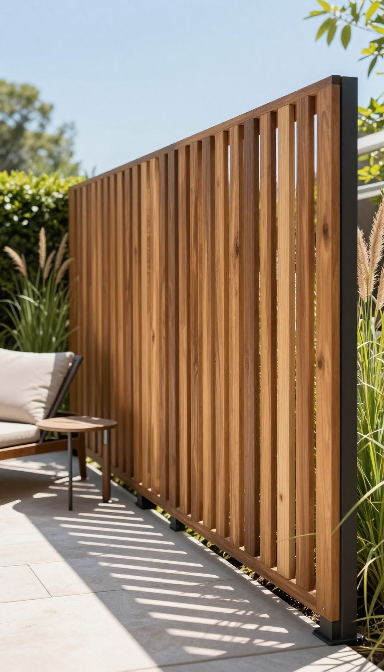 Slatted wood privacy screen on a sunny backyard patio with tall grasses and open sky beyond