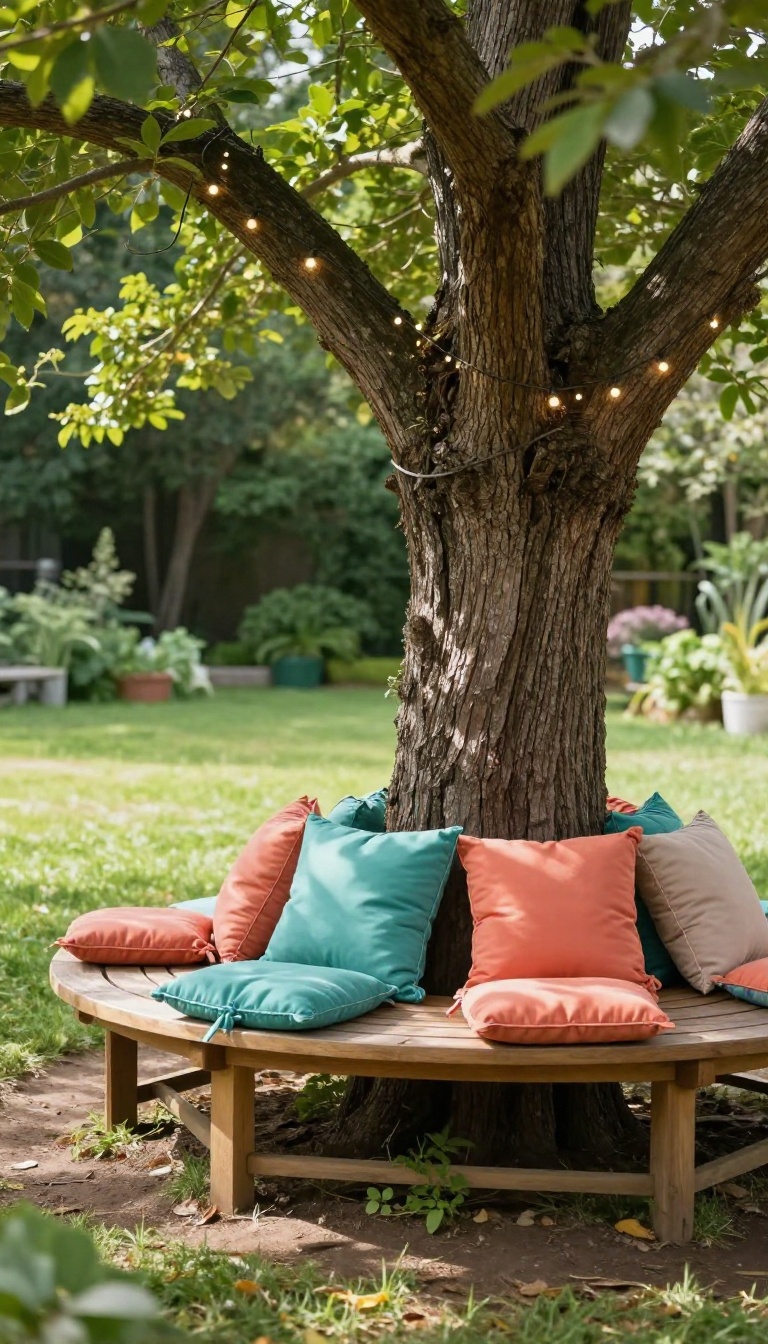 Circular wooden bench built around a tree trunk with colorful cushions and string lights in a cozy small backyard