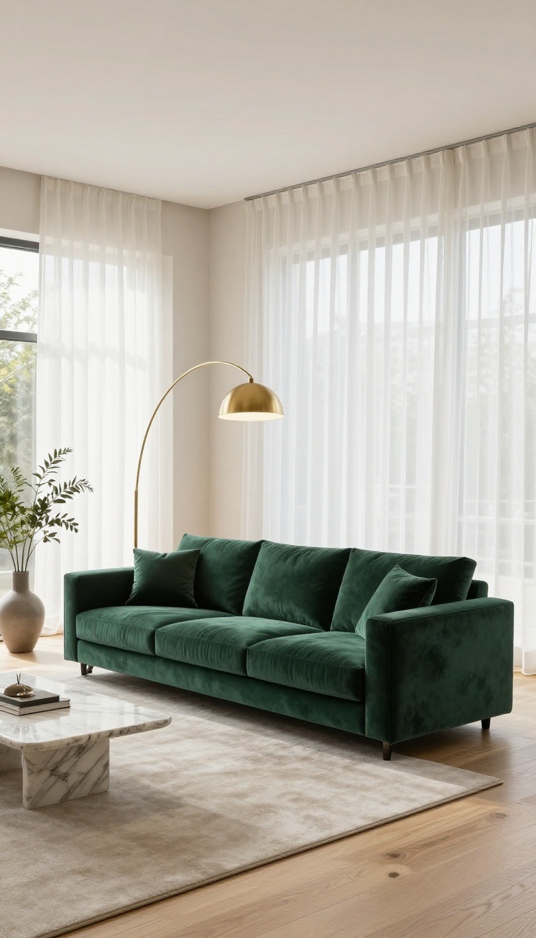 Modern luxury living room anchored by a deep green velvet statement sofa with a marble coffee table and bright natural light