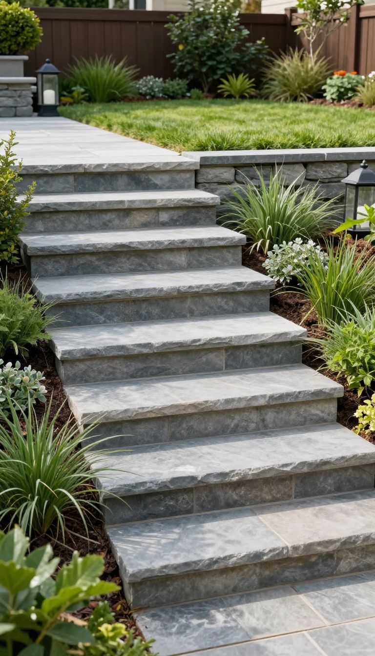 Wide natural stone steps connecting a sloped backyard lawn to a lower patio, with low plantings and a lantern on the step edge