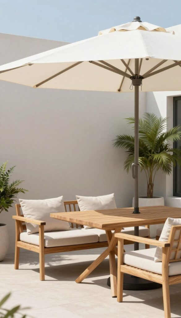 Tilting patio umbrella angled to block the low sun over a cozy outdoor seating area.