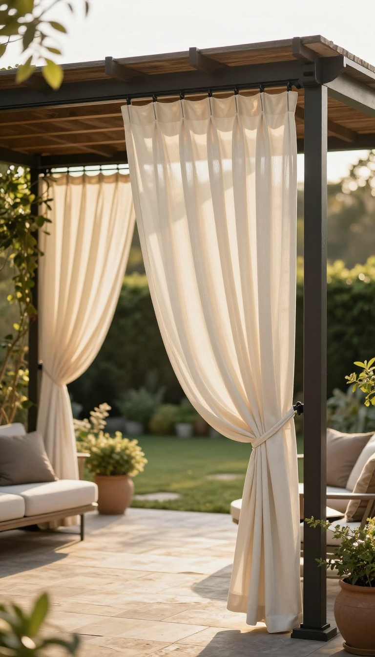 Outdoor curtains hung on a pergola in a sunny backyard patio creating privacy and soft shade