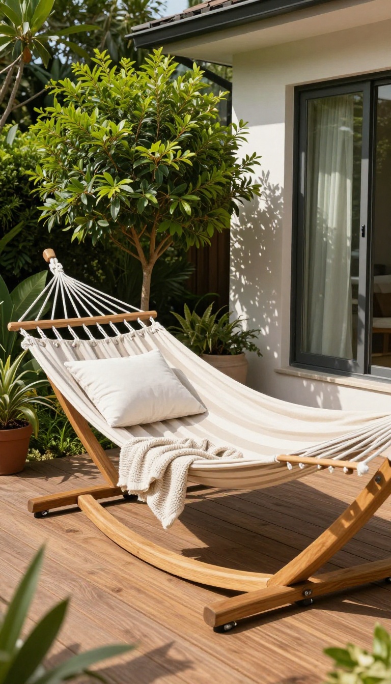 A hammock with a stand on a sunny patio, styled with a pillow and blanket for relaxation.