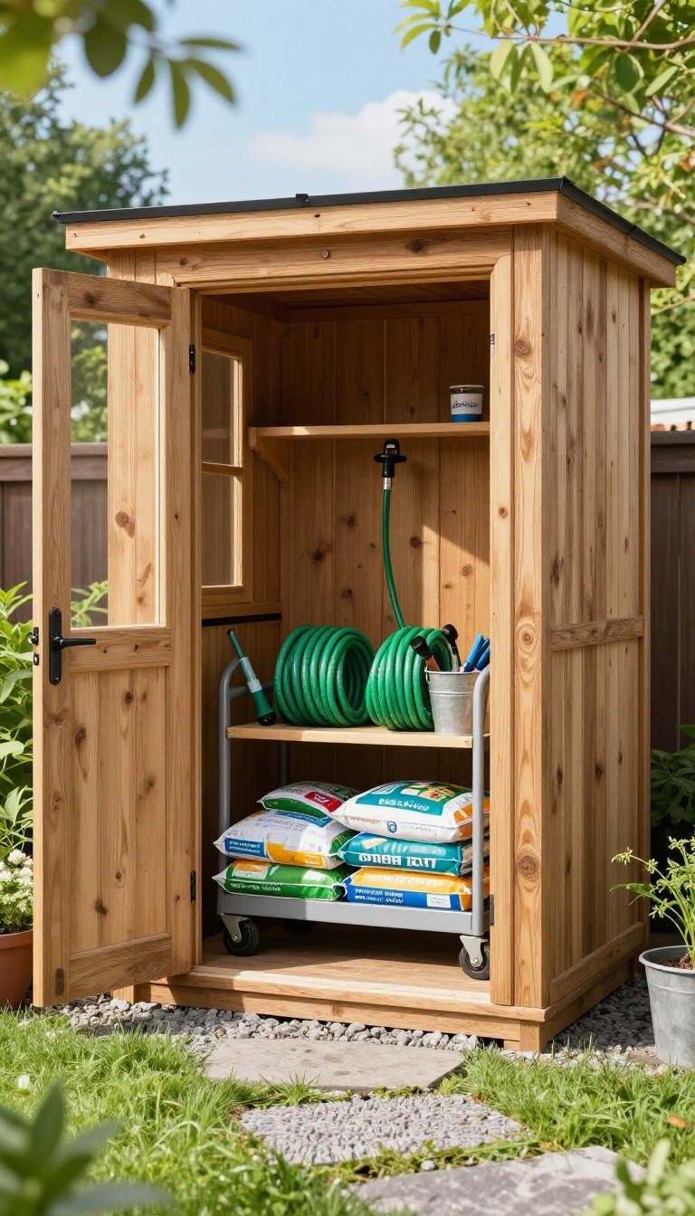 Wheeled garden cart loaded with fertilizer bags, coiled hoses, and a sprinkler parked inside a bright backyard shed doorway