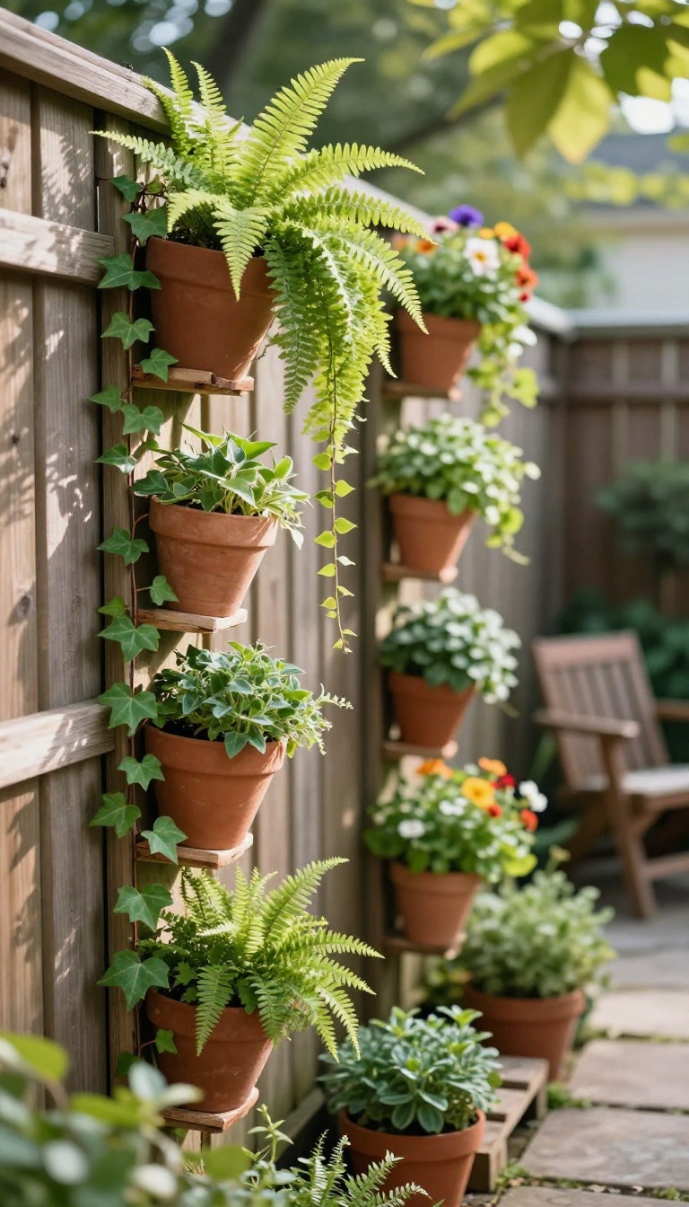 Vertical garden of stacked pots and a pallet planter filled with trailing plants on a sunny backyard fence