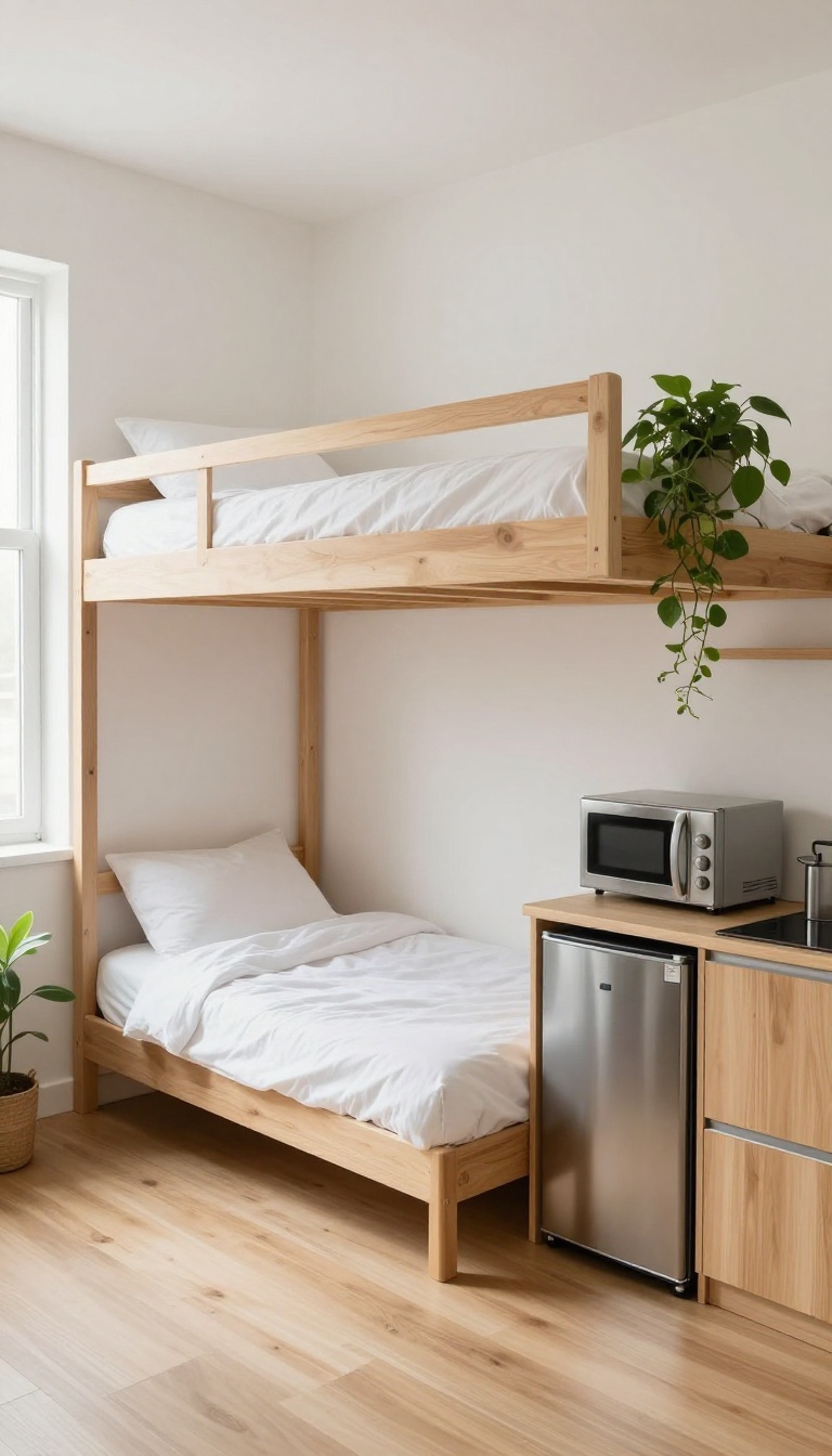 Bright small loft bedroom with a wooden loft bed and a compact mini kitchenette underneath, including a mini fridge, microwave, and induction cooktop in natural light