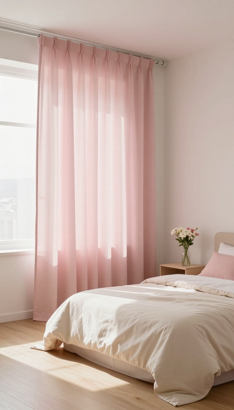 Small bedroom with soft pink floor-length curtains hung high near the ceiling, letting bright natural light fill the space and making the walls feel taller