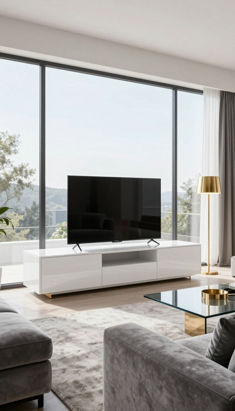 Modern living room with a high-gloss white TV unit reflecting light, styled with a velvet sofa and metallic accents.