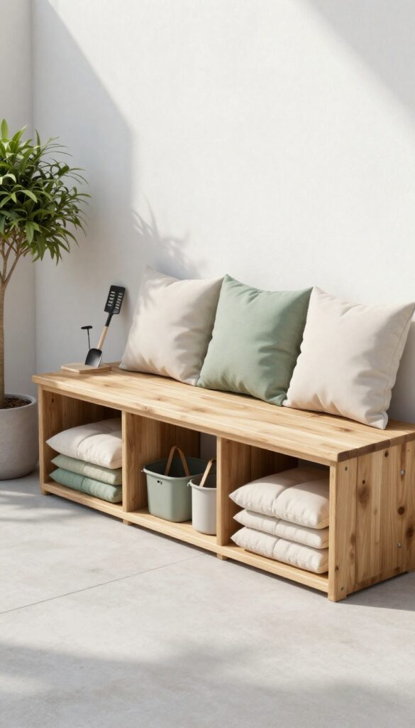 A small patio with a built-in wooden bench with storage, styled with cushions and a potted plant, in bright natural light.