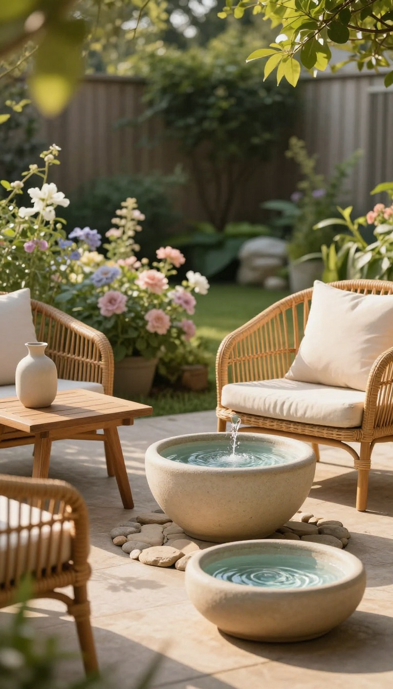 Small ceramic water fountain beside a cozy backyard seating area surrounded by plants in warm natural light