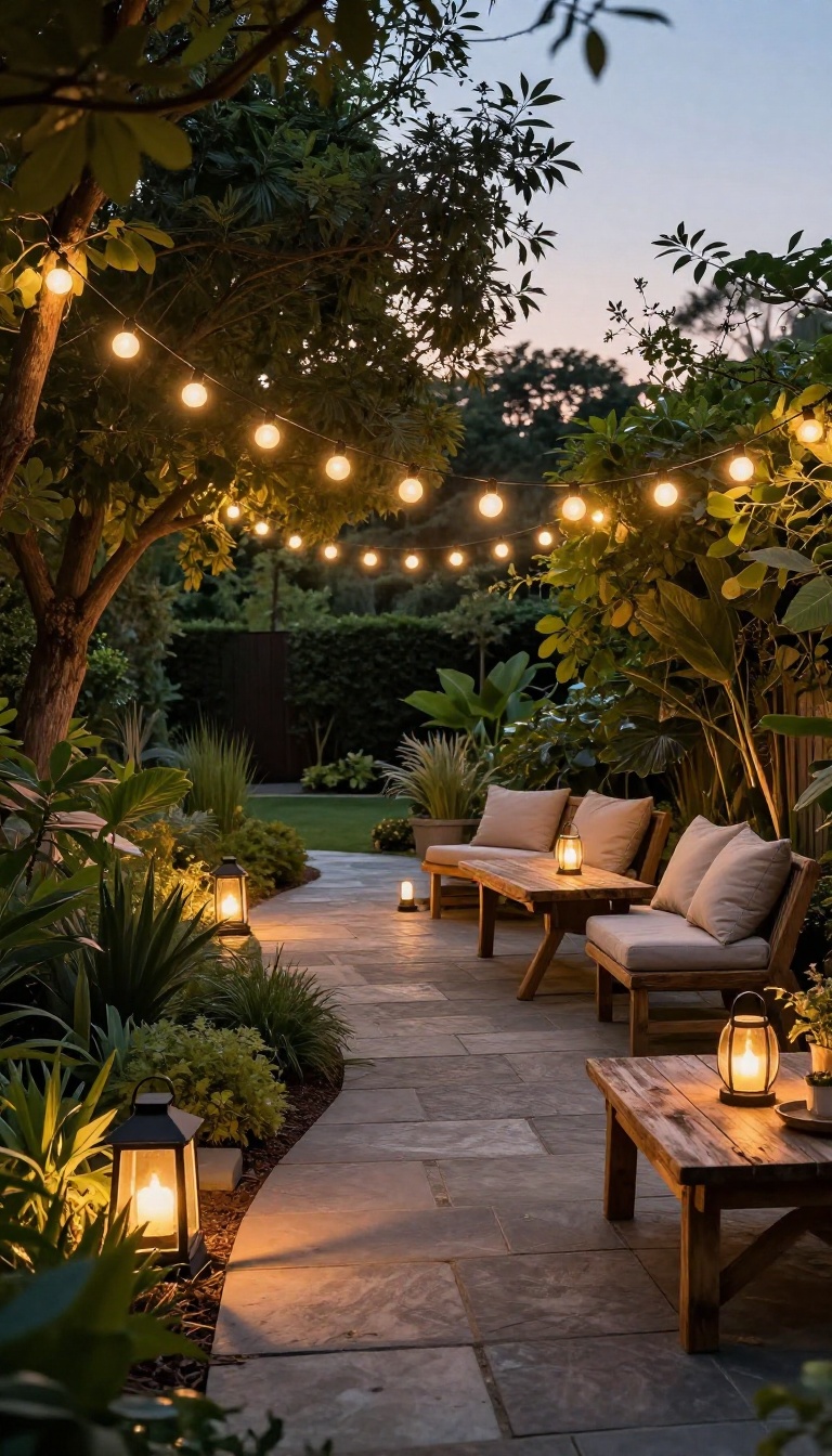 Cozy backyard patio at dusk with warm string lights, glowing lanterns, and solar path lights along a garden walkway