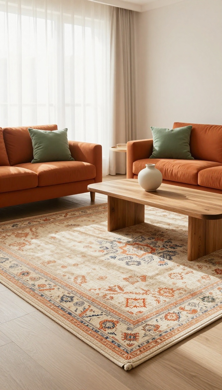 Bright living room with an orange couch and a large patterned area rug anchoring the seating area, styled with natural light and layered textures