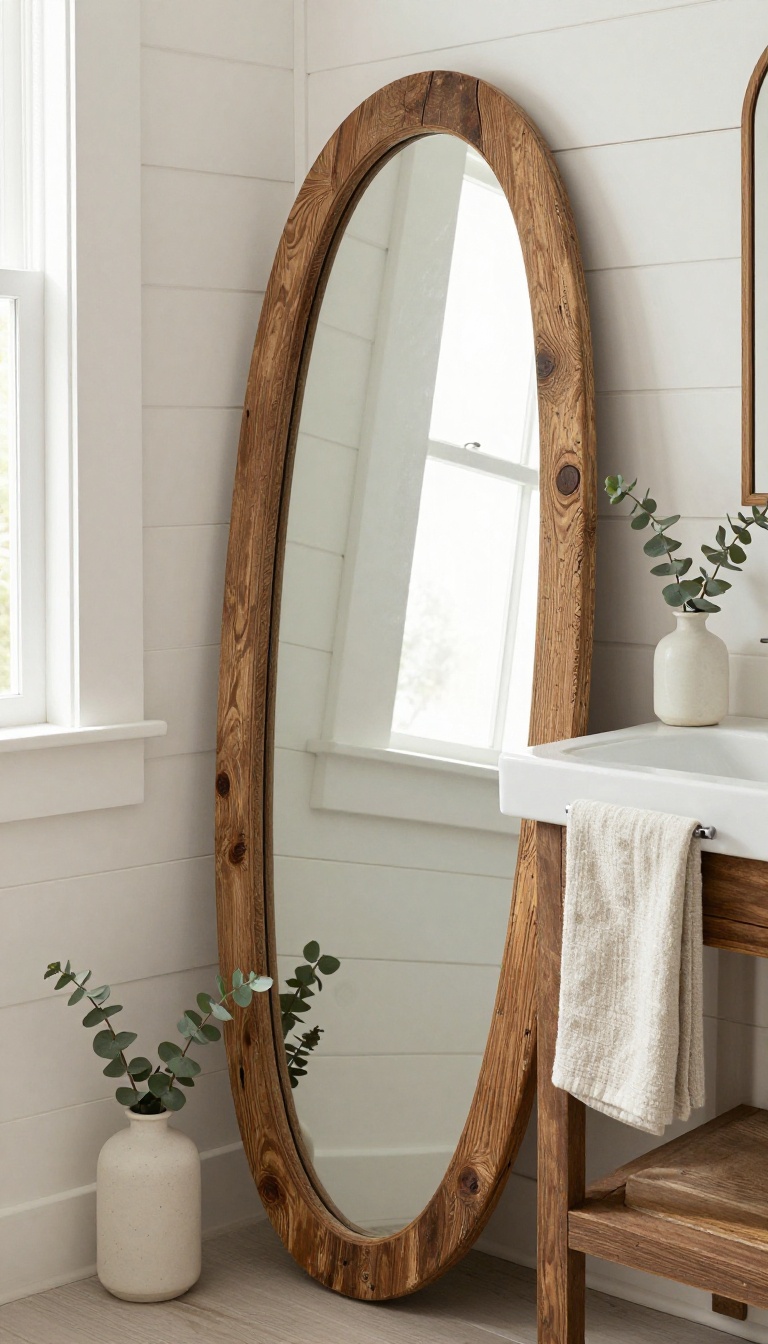 Vintage oval mirror with reclaimed wood frame leaning against a shiplap wall above a rustic bathroom sink in bright natural light