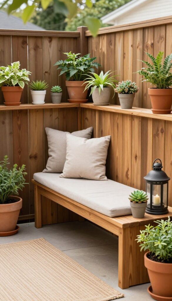 A tidy patio corner with a weather-resistant storage bench that doubles as seating, surrounded by plants and decor.
