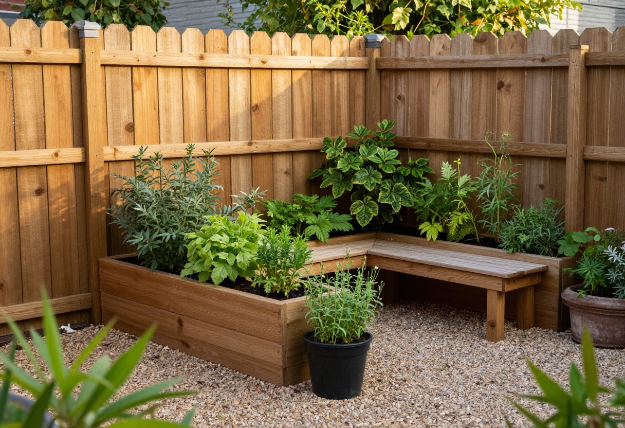 Small backyard garden with a vertical pallet planter, raised bed bench, and potted herbs on a gravel patio at sunset.
