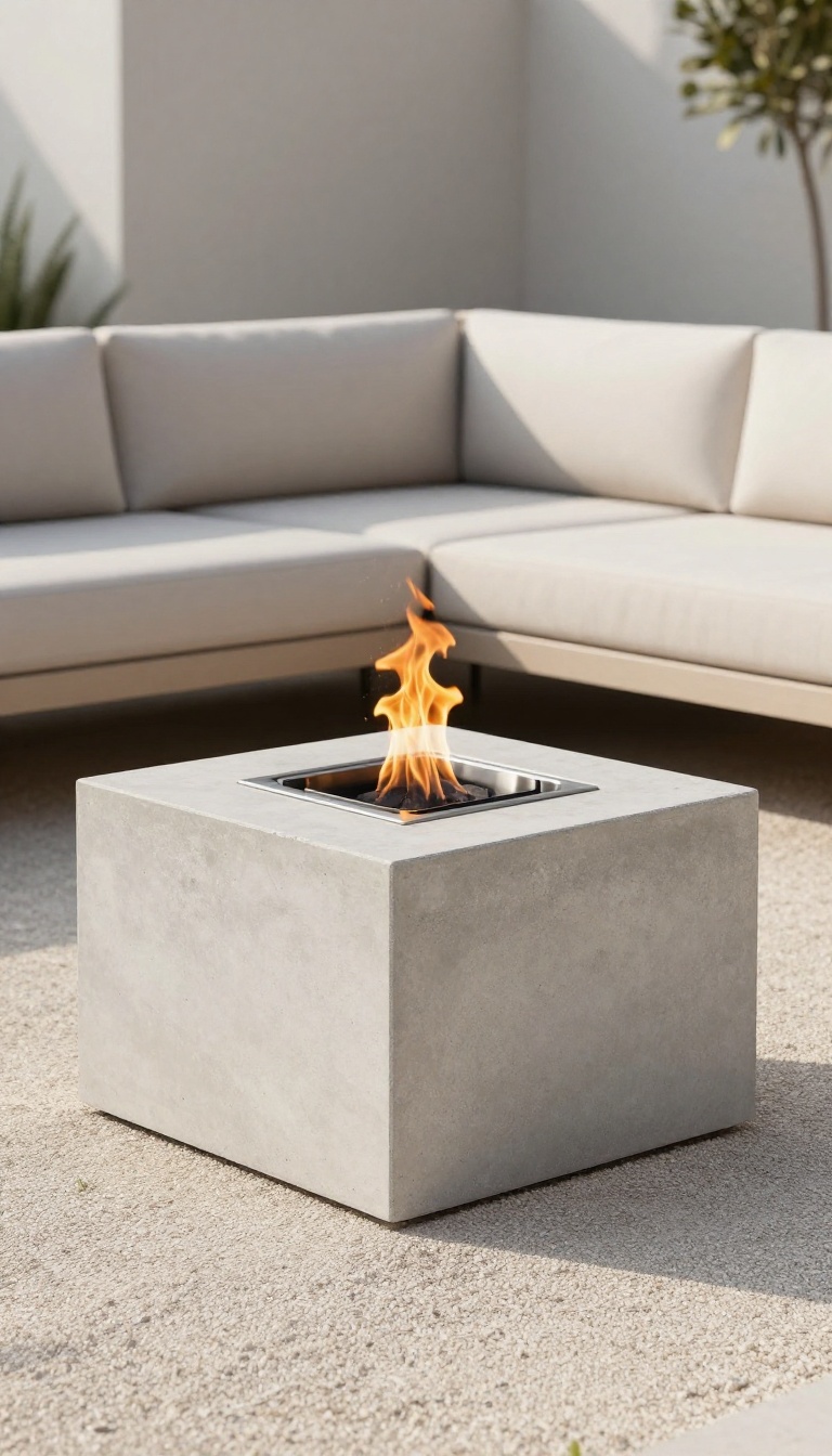 Modern concrete cube fire feature with recessed fire bowl centered on a gravel pad surrounded by minimalist outdoor seating in bright natural light