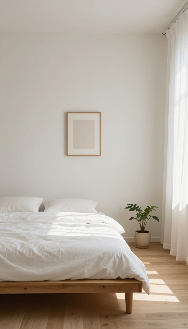 Small Korean-style bedroom with mostly bare walls, one simple framed print, low bed with white bedding, and soft natural light