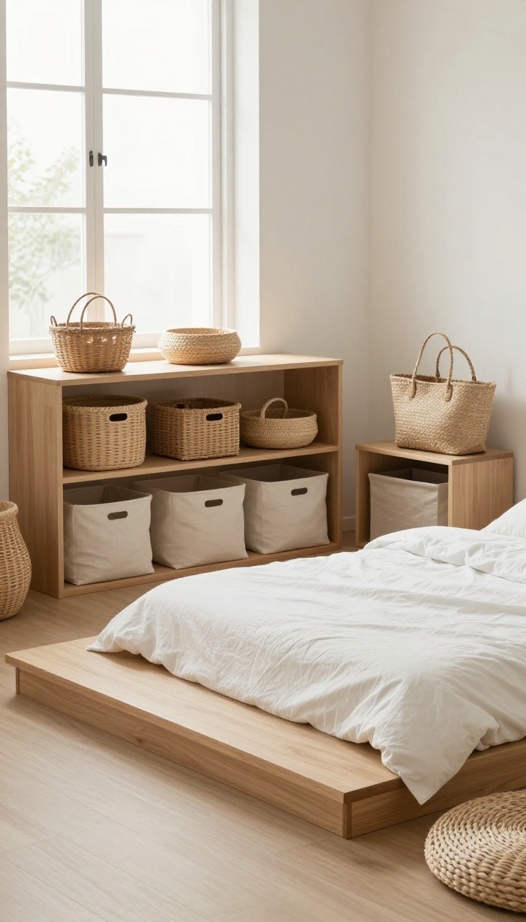 Calm Korean small bedroom corner with woven baskets and soft fabric bins on open shelves keeping surfaces clear