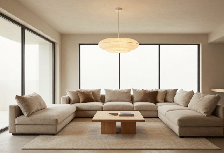 Modern living room with a minimalist chandelier as the focal point