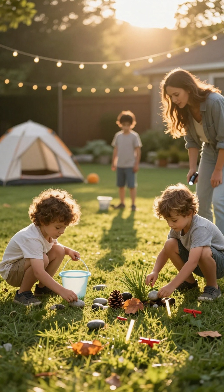 Family playing a backyard scavenger hunt at golden hour with kids holding buckets and flashlights near a tent and string lights