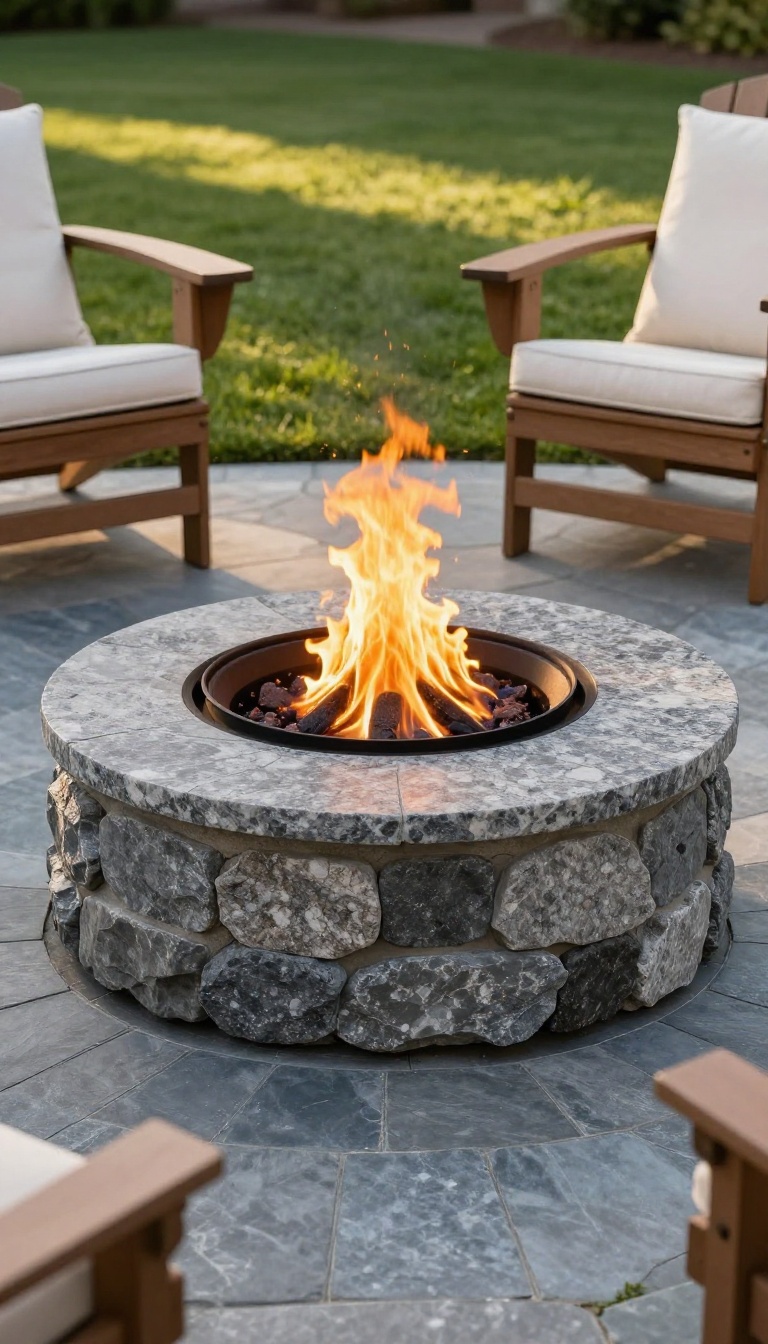 Circular backyard fire pit with heat-resistant stone surround and bluestone apron under warm evening light