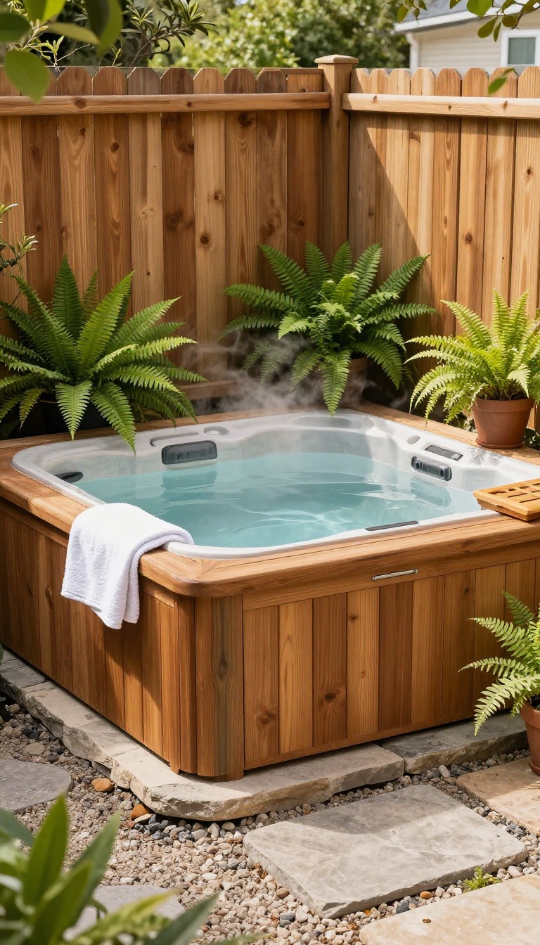 Corner hot tub with wraparound cedar bench seating in a small backyard retreat with plants and natural light