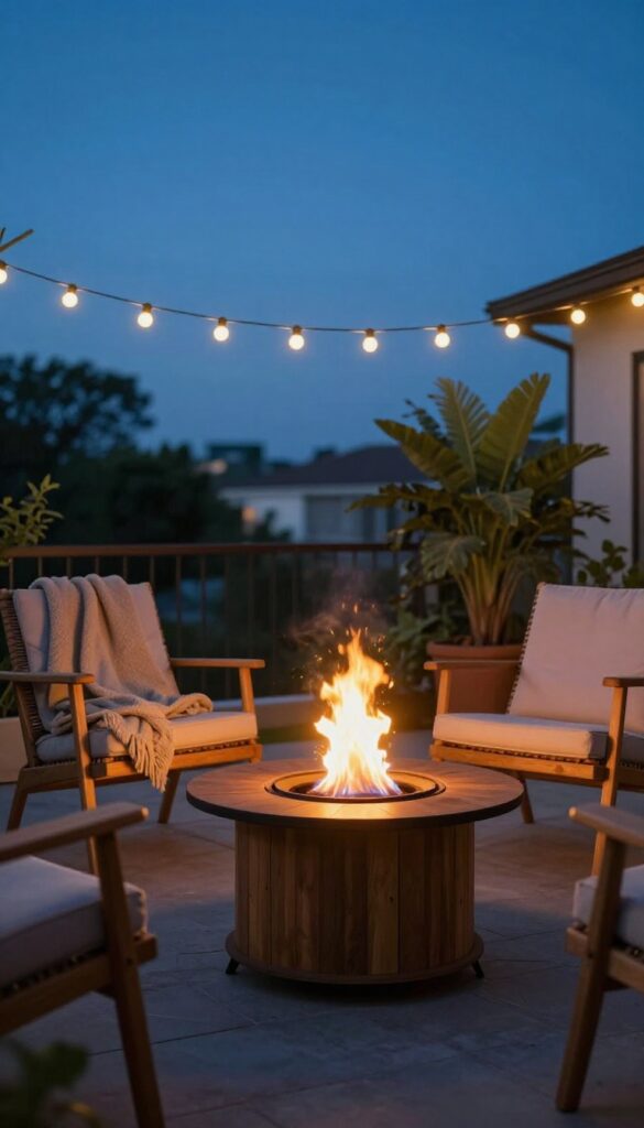 Compact fire pit on a small apartment patio at dusk, with a bistro chair and string lights, creating a cozy gathering spot.
