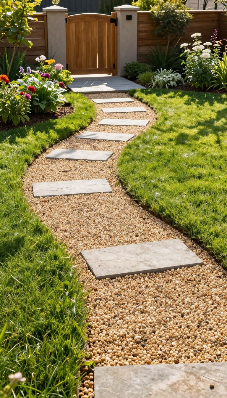 Curving gravel path worn into a green backyard lawn leading from a patio to a garden gate
